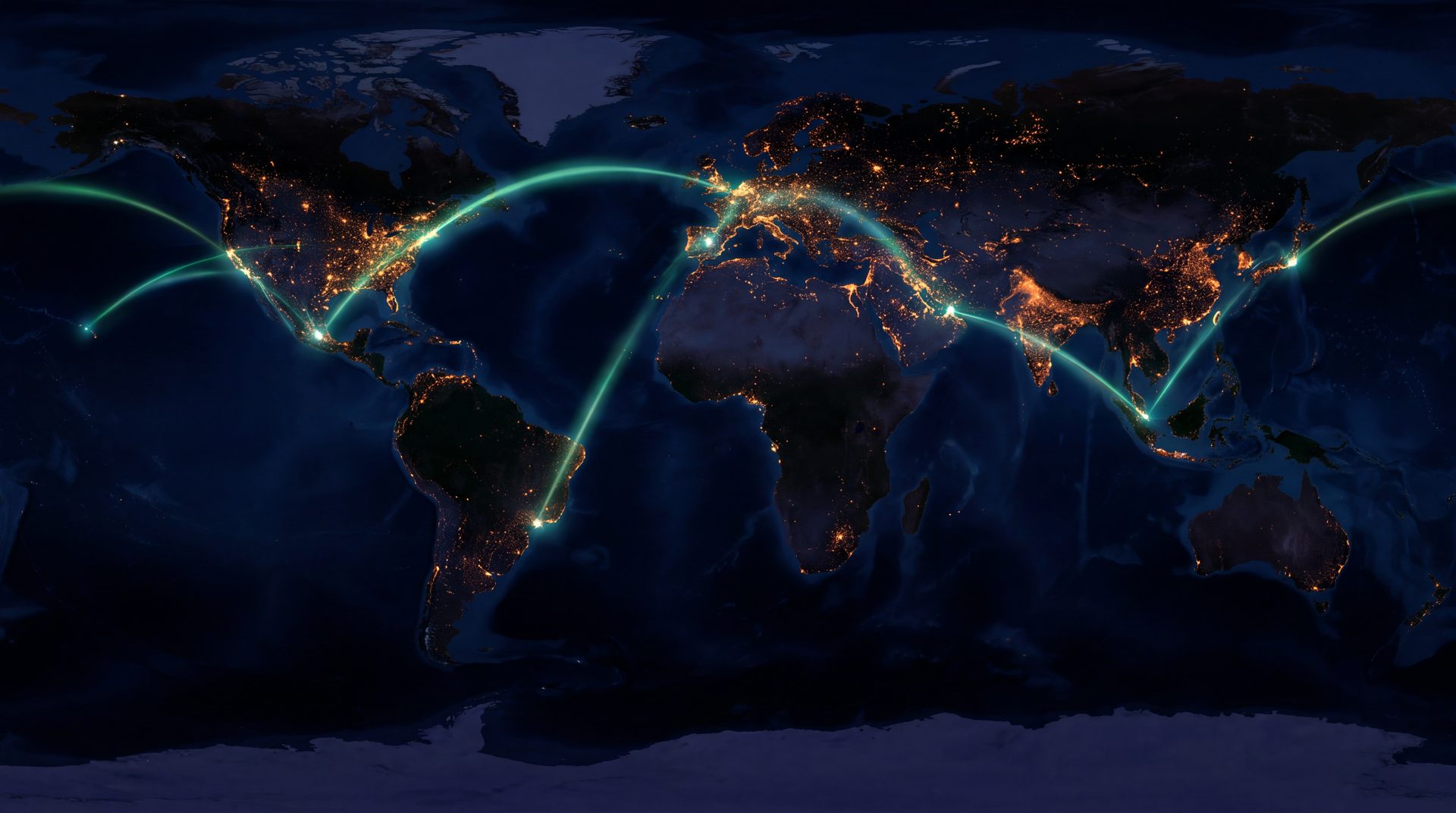 A world map with connections between the Americas, Europe and Asia